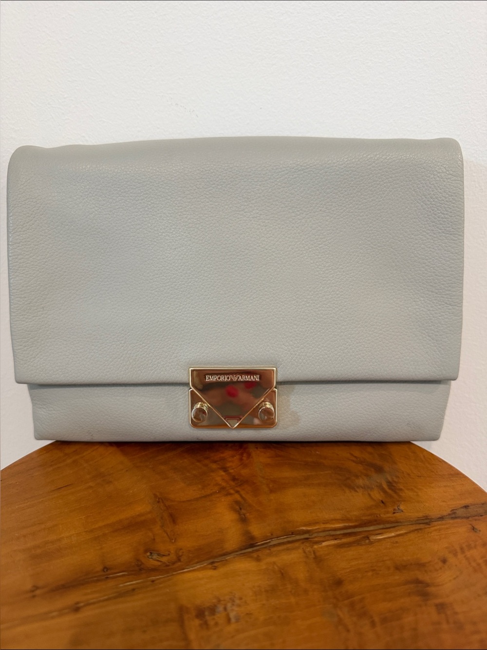 Emporio Armani Light Gray Pebbled Leather Crossbody Clutch with Gold Lock